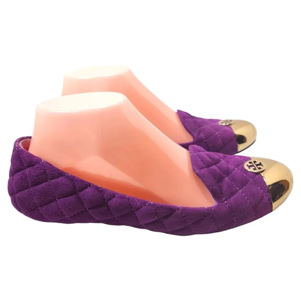 Tory Burch Quilted Purple Suede Flats with Gold Cap Toe